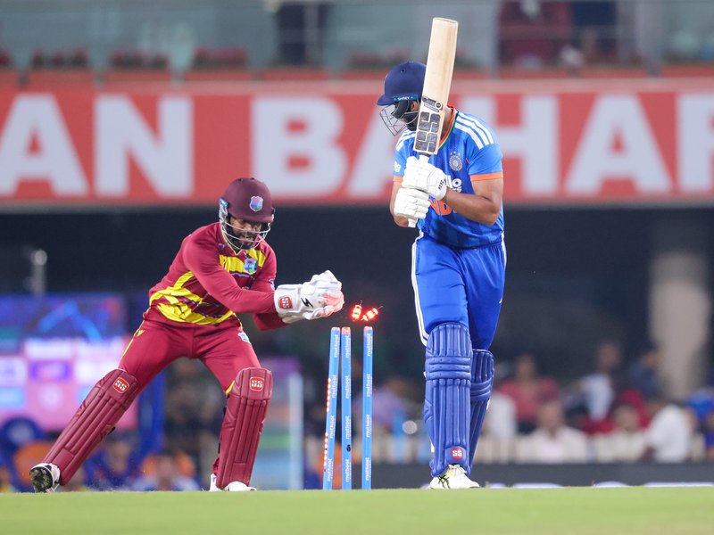 Sanju Samson, Tilak Varma power India to 249/5 against the West Indies in the second T20I at the JSCA International Stadium Complex in Ranchi on Friday. Photo credit: IANS