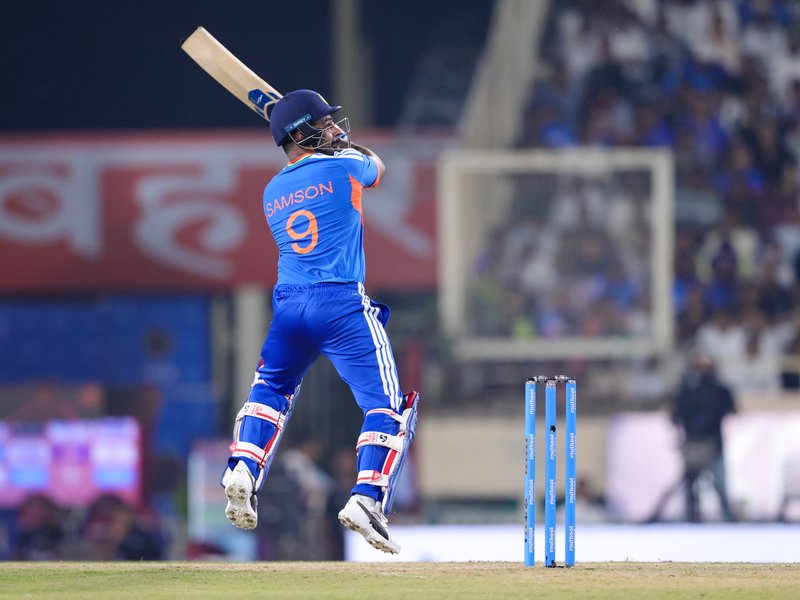 ‘There is only one way to go’, says Sanju Samson after aggressive 82-run blitz against the West Indies in the second T20I at the JSCA International Stadium Complex here on Friday. Photo credit: IANS