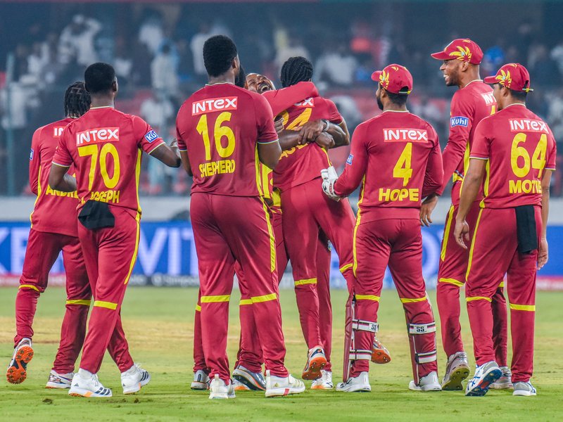 Skipper Shai Hope's century, Keemo Paul's five-for power West Indies to 24-run win over India, level series 2-2 in the fourth T20I at the Rajiv Gandhi International Stadium in Hyderabad on Wednesday. Photo credit: IANS 