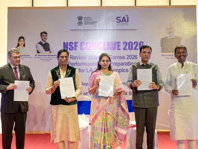 Union Sports Minister Mansukh Mandaviya calls for stronger talent pipeline at Asian Games review meet in New Delhi on Thursday. Photo credit: SI Media