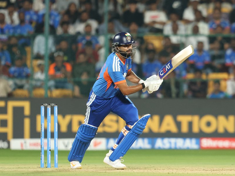 Rain cuts short India's innings at 118/5 in T20I series decider against the West Indies at the M Chinnaswamy Stadium in Bengaluru on Saturday. Photo credit: IANS