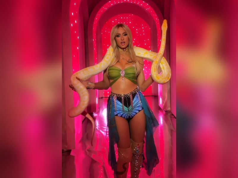 Paris Hilton recreates Britney Spears’ iconic 2001 VMA moment posing with faux python