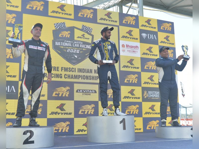 Thrilling finishes, rain and red flags dominate as Indian National Car Racing Championship kicks off in Coimbatore, Tamil Nadu, on Saturday. Photo credit: fmsci