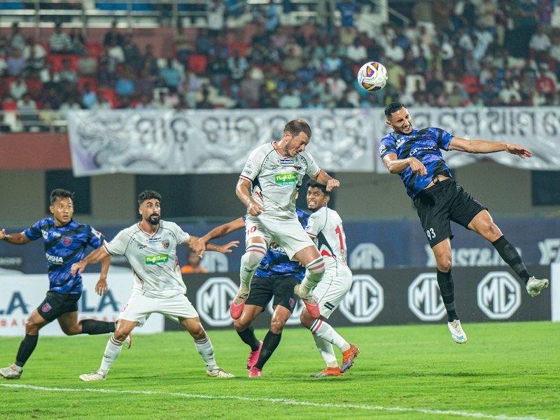 Alaaeddine Ajaraie misses late penalty as Odisha FC hold NorthEast United to draw in the Indian Super League (ISL) 2026/27 at the Kalinga Stadium in Bhubaneswar on Saturday.  Photo credit: ISL