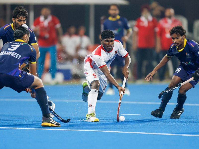 Mainpat Titans' Sandeep scores twice as Chakradhar Champions succumb to first defeat in the inaugural Chhattisgarh Hockey League (CHL) in Raipur on Monday. Photo credit: CHL