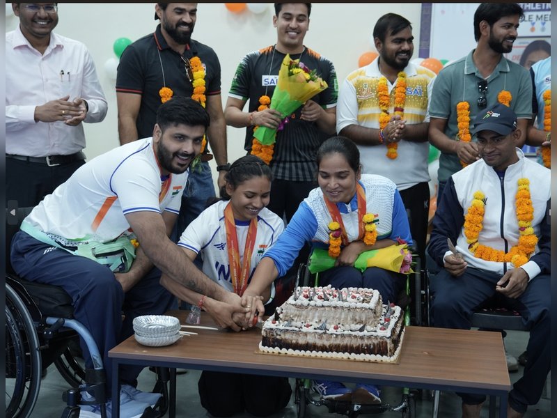 Sports Authority of India's Gandhinagar regional centre felicitates 2026 Asian Para Games medallists and coaches in Gandhinagar, Gujarat, on Wednesday. Photo credit: SAI Media
