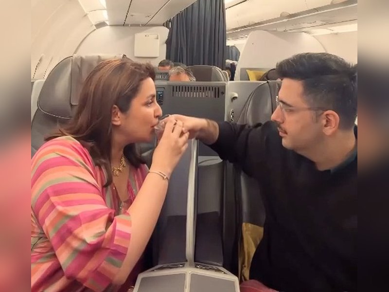 Parineeti Chopra celebrates Karwa Chauth with Raghav Chadha at 35,000 feet, shares adorable video