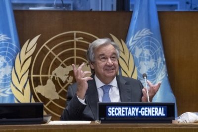 United Nations Secretary-General Antonio Guterres addresses the High-Level Meeting on Financing for Development in the Era of COVID-19 and Beyond at the UN headquarters in New York, on Sept. 29, 2020. (Eskinder Debebe/UN Photo/Handout via Xinhua/IANS)