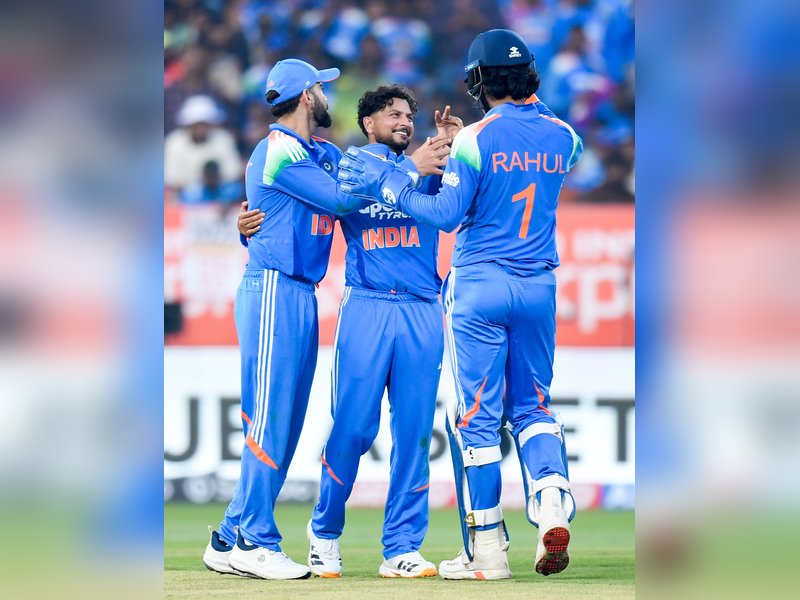 Quinton de Kock slams a hundred but Kuldeep Yadav and Prasidh Krishna claim four-fers each to help India restrict South Africa to 270 in series-deciding third and final ODI at the ACA-VDCA Stadium in Visakhapatnam on Saturday. Photo credit: IANS