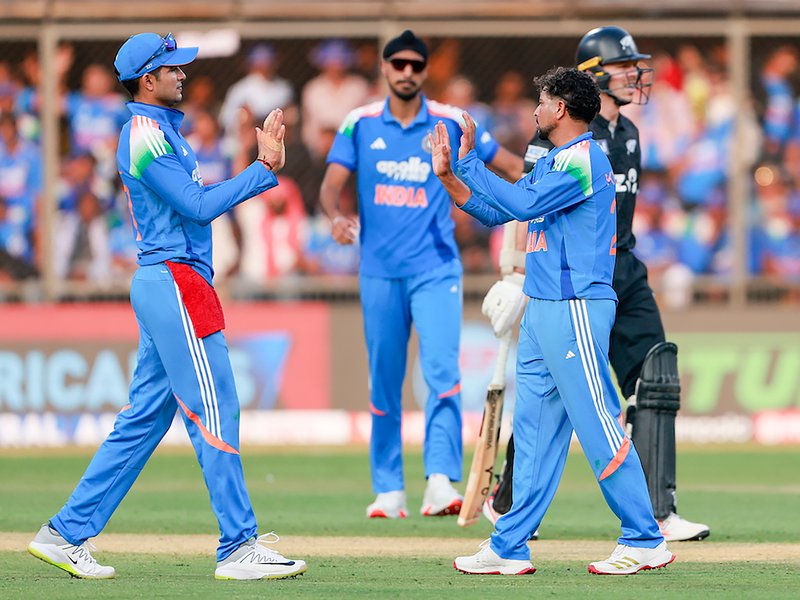 Daryl Mitchell and Glenn Phillips centuries power New Zealand to 337/8 in series decider in Indore on Sunday. Photo credit: IANS