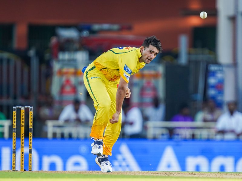 Purple Cap holder Anshul Kamboj backs Chennai Super Kings to chase 204 against Lucknow Super Giants at the Chepauk in Chennai on Sunday./ Photo credit: IANS 