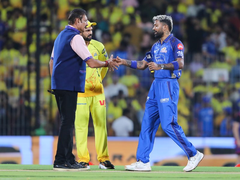 Raghu Sharma handed debut, Krish Bhagat returns as Mumbai Indians elect to bat first against Chennai Super Kings in Match 44 for Indian Premier League (IPL) 2026 at the MA Chidambaram Stadium in Chennai on Saturday. Photo credit: IANS 