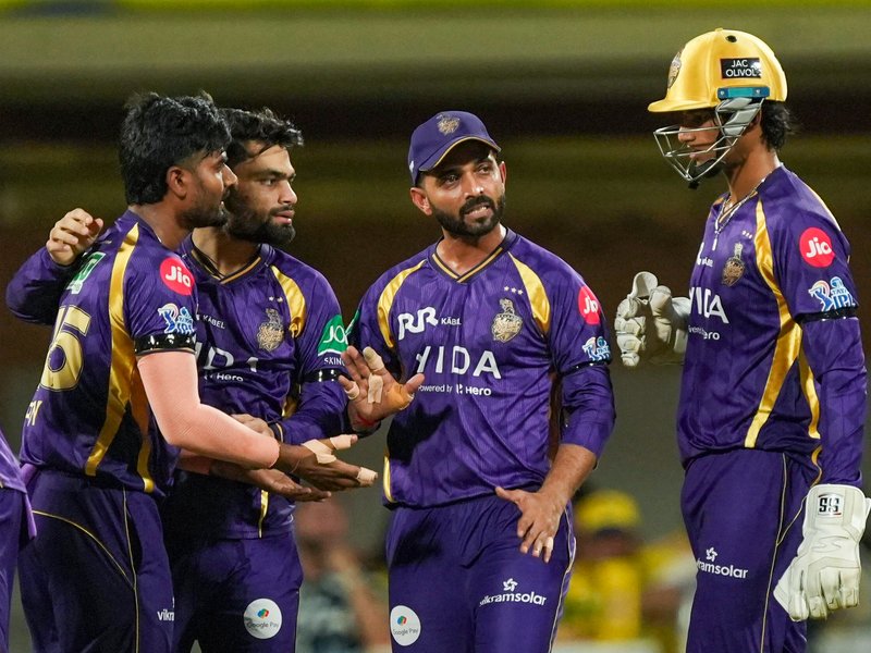 Chennai Super Kings, Kolkata Knight Riders players wear black armband to pay tribute to late C.D Gopinath, during their Indian Premier League (IPL) 2026 at  the MA Chidambaram Stadium on Tuesday. Photo credit: IANS 