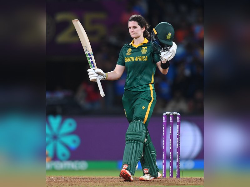 Navi Mumbai: South Africa's captain Laura Wolvaardt celebrates after scoring a century during the ICC Women’s World Cup final match between India Women and South Africa Women at DY Patil Stadium in Navi Mumbai on Sunday, November 2, 2025. (Photo: IANS)