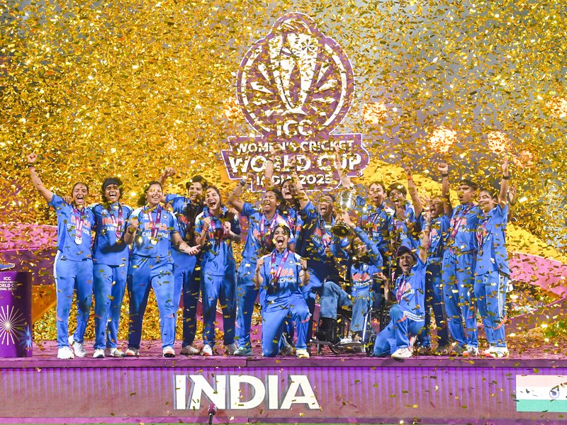 Navi Mumbai: India’s players celebrate with the trophy during the presentation ceremony after winning the ICC Women’s World Cup 2025 at DY Patil Stadium in Navi Mumbai on Monday, November 3, 2025. (Photo: IANS)