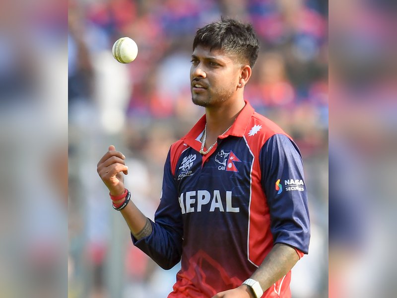 Sher Malla becomes second Nepal bowler to take first-ball wicket on T20 debut with wicket of England opener Phil Salt in the ICC Men's T20 World Cup in Mumbai on Saturday. Photo credit: IANS