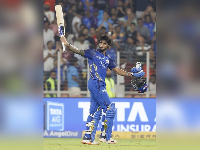 Tilak Varma equals record for fastest hundred for Mumbai Indians with 45-ball masterclass against Gujarat Titans at the Narendra  Modi Stadium in Ahmedabad on Monday. Photo credit: IANS 