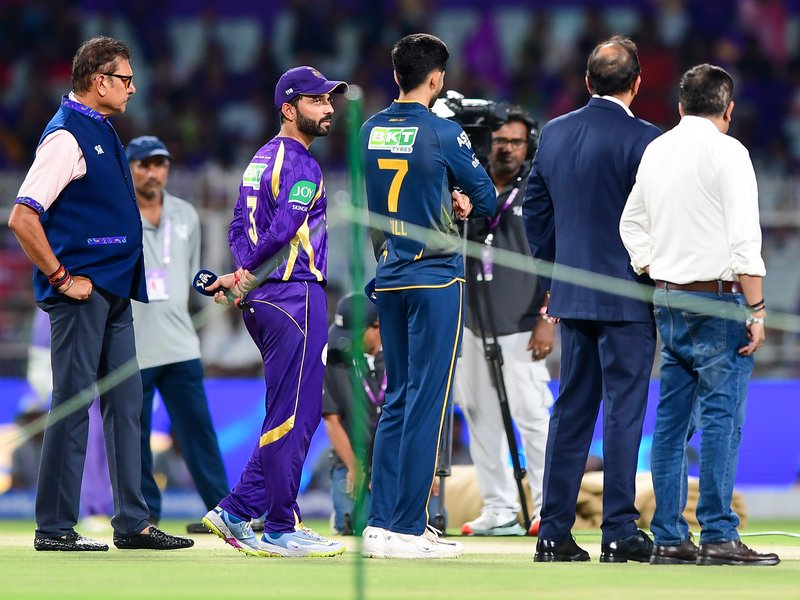 Unchanged Gujarat Titans elect to bowl first against Kolkata Knight Riders, for whom Varun Chakaravarthy returned to action after an injury break, at the Eden Gardens in Kolkata on Saturday. Photo credit: IANS