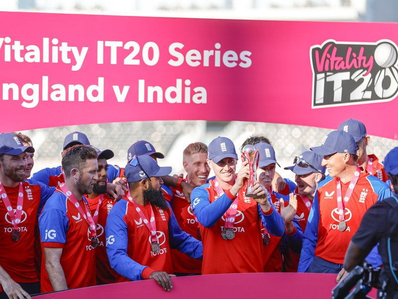 Jos Buttler, Harry Brook, Sam Curran star as England beat India by 56 runs, secure 4-0 sweep, number one ranking in the fifth T20I in London on Saturday. Photo credit: IANS/@BCCI/X