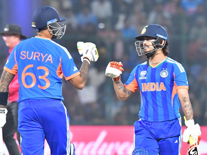 Fifties by Ishan Kishan and Hardik Pandya take India to 209/9 despite Erasmus’s career-best 4-20 in the ICC Men's T20 World Cup 2026 in New Delhi on Thursday. Photo credit: IANS