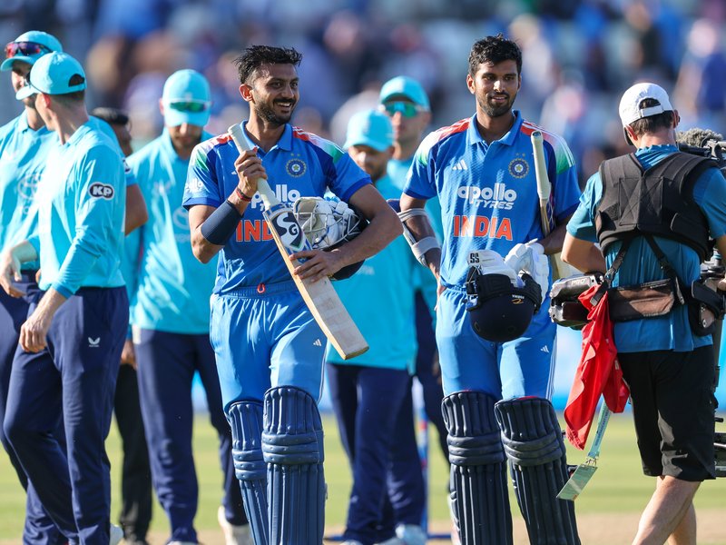 All-round Axar Patel guides India to a six-wicket victory over England, take 1-0 series lead in three-match ODI series at Edgbaston, Birmingham, on Tuesday. Photo credit: IANS 