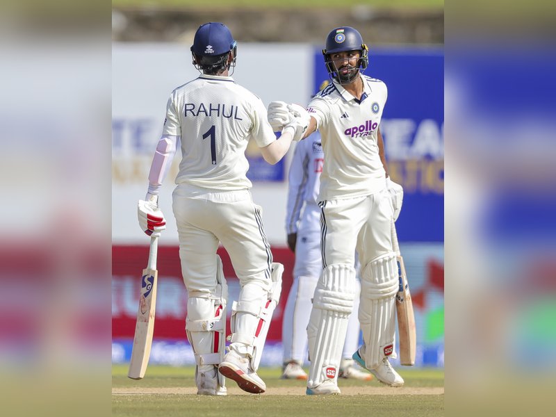 Devdutt Padikkal and K.L. Rahul hit unbeaten fifties as India dominate Sri Lanka reach 197/1 at tea on a rain-delayed opening day of the first Test at the Galle International Stadium in Galle on Saturday. Photo credit: IANS 