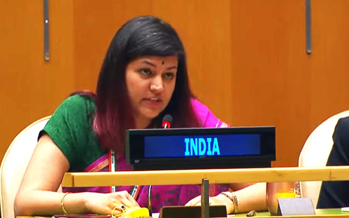 Petal Gahlot, a first secretary in India’s United Nations Mission, gives the right of reply to Pakistan Prime Minister Anwaar-ul-Haq Kakar’s speech earlier at the General Assembly on Friday, September 22, 2023. (Photo Source: UN)