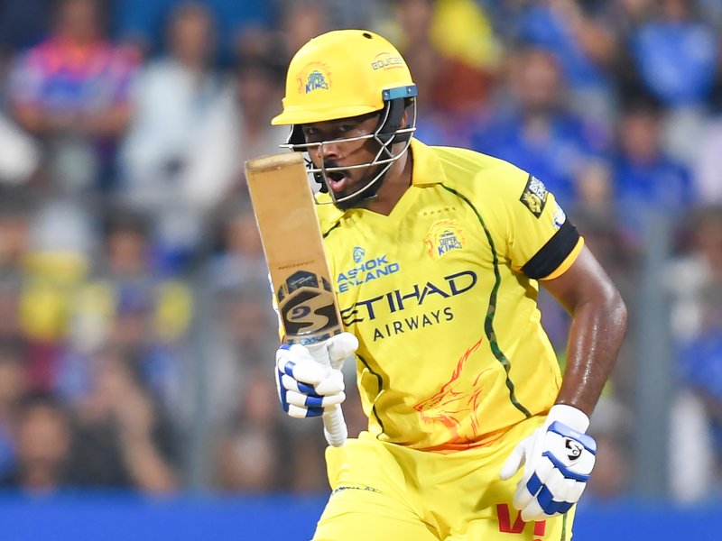 Chennai Super Kings (CSK) players wear black armbands in tribute to Mukesh Choudhary’s mother during their Indian Premier League (IPL) match against Mumbai Indians (MI) at the Wankhede Stadium in Mumbai on Thursday. Photo credit: IANS 