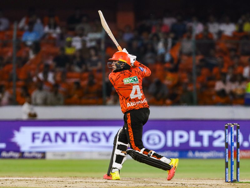 Abhishek Sharma's unbeaten century guides Sunrisers Hyderabad to 242/2 against Delhi Capitals in the Indian Premier League 2026 at he Rajiv Gandhi International Cricket Stadium in Hyderabad on Tuesday. Photo credit: IANS