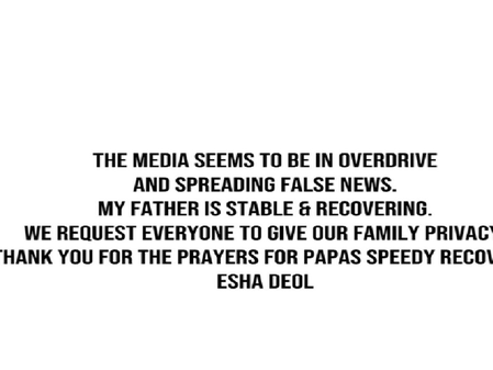 बिल्कुल ठीक हैं धर्मेंद्र देओल, निधन की खबरों को ईशा देओल ने बताया अफवाह