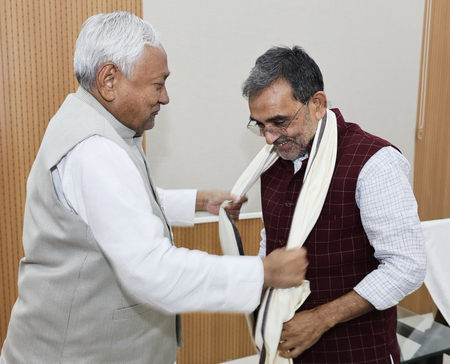 Upendra Kushwaha meets Bihar CM Nitish Kumar; congratulates him on NDA’s ‘historic victory’