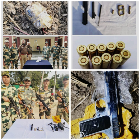 पंजाब बीएसएफ ने भारत-पाक बॉर्डर पर तस्करी के प्रयासों को किया नाकाम, असलहा और हेरोइन बरामद पंजाब बीएसएफ ने भारत-पाक बॉर्डर पर तस्करी के प्रयासों को किया नाकाम, असलहा और हेरोइन बरामद