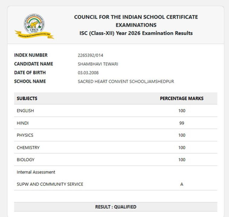जमशेदपुर आईएससी बोर्ड में शांभवी तिवारी बनीं टॉपर, रैंक वन के साथ डॉक्टर बनने का सपना