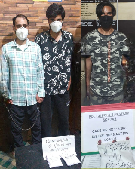 सोपोर में नशा तस्करों के खिलाफ बड़ी कार्रवाई, तीन स्थानों से पांच आरोपी गिरफ्तार