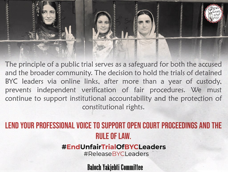Rights group condemns 'faceless' trials of Baloch Yakjehti Committee leaders Rights group condemns 'faceless' trials of Baloch Yakjehti Committee leaders