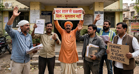 कर्नाटक  चिक्कोडी में चार साल से बकाया बिल को लेकर ठेकेदारों का हंगामा, इंजीनियर के कार्यालय का घेराव