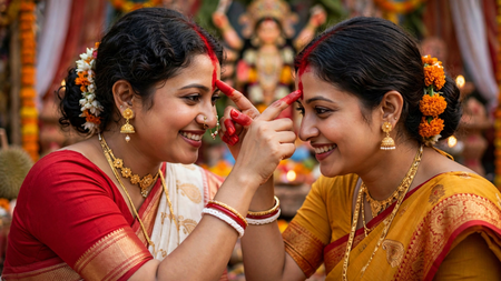 सिंदूर खेला सुहागिन महिलाओं की खास रस्म, देवी के चेहरे पर पान के पत्ते को स्पर्श कराकर पोंछती हैं आंसू सिंदूर खेला सुहागिन महिलाओं की खास रस्म, देवी के चेहरे पर पान के पत्ते को स्पर्श कराकर पोंछती हैं आंसू